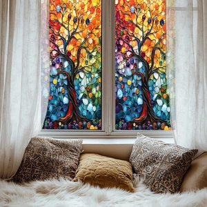 Film statique pour fenêtre avec motif mosaïque d'arbre de vie coloré pour décoration