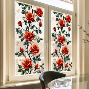 Stained glass style rose window film with red floral pattern for balcony privacy and decor