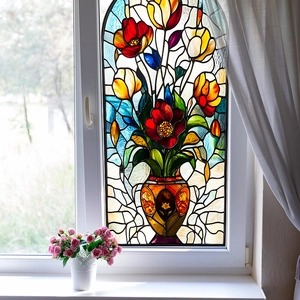 Stained glass tulip window film featuring orange vase and colorful floral art design