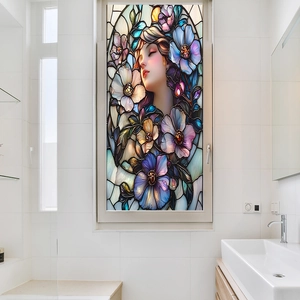 Artistic stained glass window film with female portrait and floral patterns for privacy
