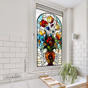 Tiffany-style stained glass tulip window film for a cozy minimalist bathroom setting