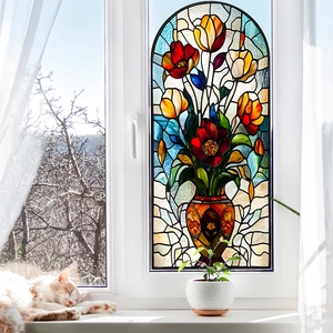 Arched stained glass window film featuring vibrant painted tulips and poppies floral design