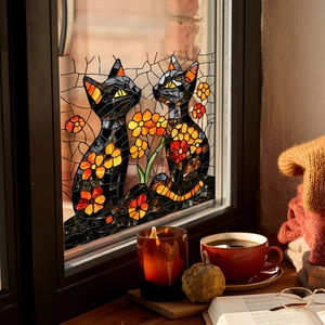 Stained glass window film with black cat and floral mosaic pattern for home decor