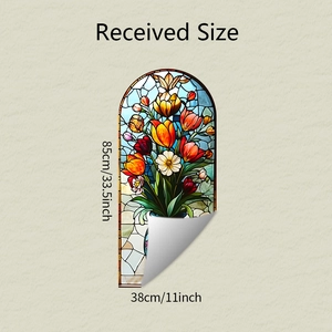 Detailed dimensions of tulip and daisy floral glass window film showing 85cm x 38cm size
