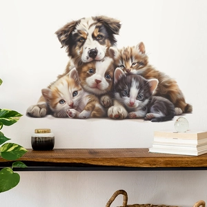 Cute puppy and cats wall decal for home decor, realistic hand-drawn animal sticker