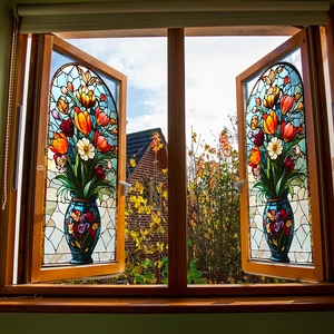 Stained glass style tulip flower vase window film set with colorful vintage floral patterns