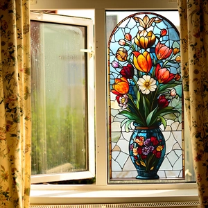 Tiffany style tulip flower vase static cling glass window film for home decoration