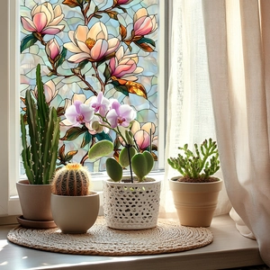 Floral magnolia glass window film with decorative static cling frosted finish for home
