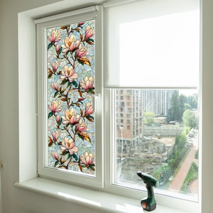 Frosted window film featuring elegant painted magnolia flowers for home balcony decoration