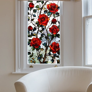 Stained glass window film with red roses and green leaves design for home decoration