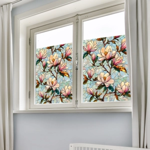 Frosted window film with magnolia flower design for home privacy and decoration