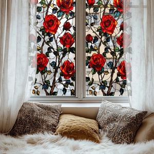 Decorative stained glass window film featuring vibrant red roses and green leaves design