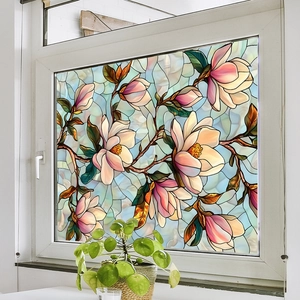 Frosted decorative window film with painted magnolia flower design for balcony privacy