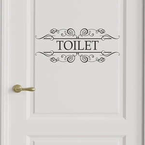 Toilet Sign Wall Sticker Removable PVC Waterproof Restroom Door Lettering Decal With Scroll Design For Home Bathroom Decoration