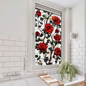 Stained glass style window film with vibrant red rose vines for balcony home decoration