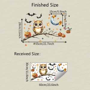 Detail showing Halloween wall sticker sizes with cartoon owl, pumpkin, and bat graphics