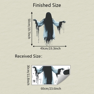 Macro view of spooky ghost wall sticker showing finished size and original layout dimensions