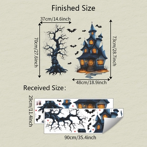 Stickers muraux Halloween avec dimensions, château hanté et arbre mort