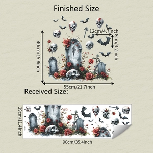 Detail of Halloween wall sticker showing skull, roses and tombstone layout dimensions