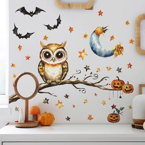 Halloween wall decals featuring a cute owl, bats and pumpkins for living room decor