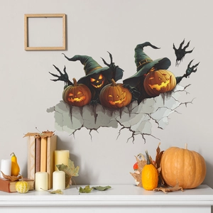 3D Halloween wall decal featuring pumpkins with witch hats and broken wall effect