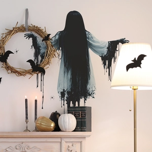Halloween spooky faceless ghost girl wall sticker set with black bats for home decoration