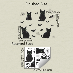 Detail view of Halloween black cat and bat wall stickers with specific size measurements