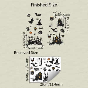 Detailed comparison of Halloween bat and castle window sticker finished and received sizes