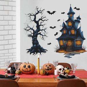 Sticker Mural en PVC Halloween Château de Fantômes Dessin Animé Arbre Mort Maison Hantée Chauves-souris Araignée Décoration Maison