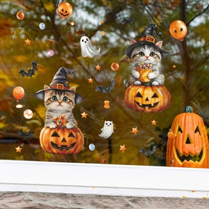 Halloween window clings set featuring cute cat in pumpkin and ghosts for home decor