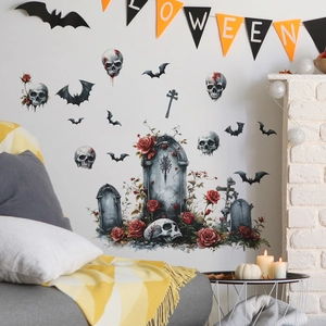 Halloween wall sticker set featuring Gothic tombstones, skulls and roses for home decor