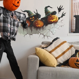 3D Halloween wall decal featuring a spooky pumpkin with witch hat and wall crack effect