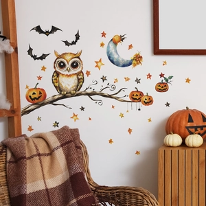 Halloween wall sticker set with watercolor owl, pumpkins, bats and moon for home decor