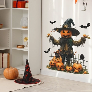 Halloween Pumpkin Scarecrow Wall Stickers Bats Black Cat DIY Vinyl Wall Decals For Living Room Bedroom Home Festive Decor