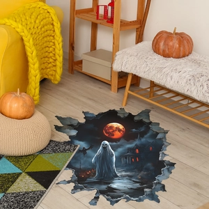 Sticker mural Halloween 3D avec fantômes et château sur fond de sol brisé