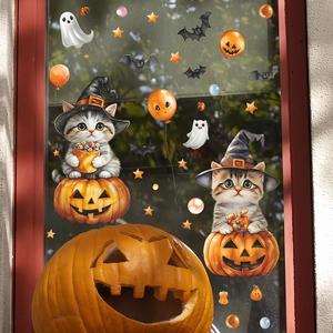 Halloween window stickers featuring cute cartoon cats, pumpkins and bats on glass