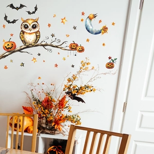 Halloween wall decals set with cartoon owl, pumpkins and bats for cozy home decoration