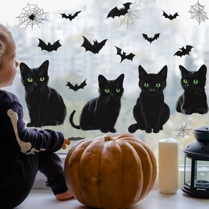 Halloween static window clings set with black cats, bats and webs for home glass decoration