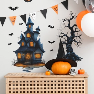 Stickers muraux Halloween avec château hanté, arbre mort et silhouettes de chauves-souris noires