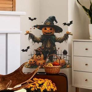 Halloween wall decals set featuring pumpkin scarecrow, black cat and bats for home decor