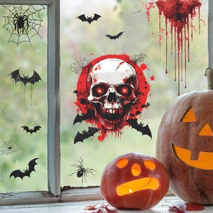 Stickers de fenêtre Halloween avec crâne, chauves-souris et araignées pour décor effrayant