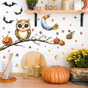 Halloween Cartoon Owl Pumpkin Bat Wall Sticker Watercolor Style PVC Removable Decal For Bedroom Living Room Home Aesthetic Decoration