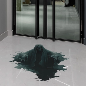 3D Halloween wall decal featuring a realistic reaper emerging from the floor for room decor
