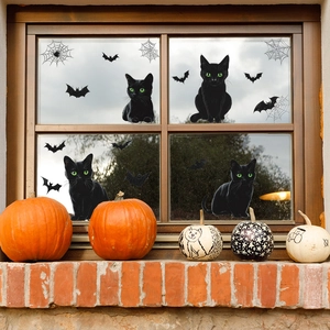 Halloween static window clings set featuring black cats, bats and spider webs for home decor