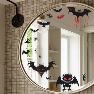 Stickers de fenêtre Halloween avec chauves-souris noires et monstres rouges sur miroir rond
