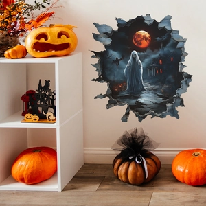 Sticker mural 3D Halloween avec fantôme entrant par un mur brisé et lune rouge sang