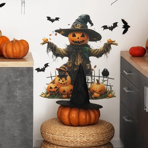 Halloween wall sticker set featuring pumpkin scarecrow, bats, and black cat home decor