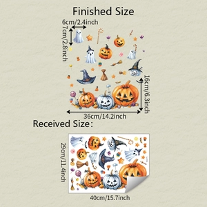 Detailed view of Halloween window stickers with pumpkin and ghost motifs and size measurements