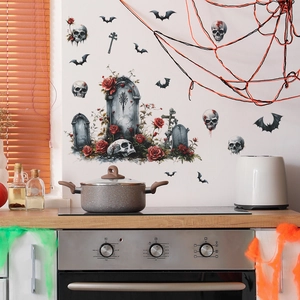Halloween wall stickers featuring skulls, tombstones, and roses for living room decor