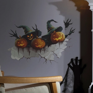 3D Halloween wall decal featuring pumpkins with wizard hats emerging from a broken wall